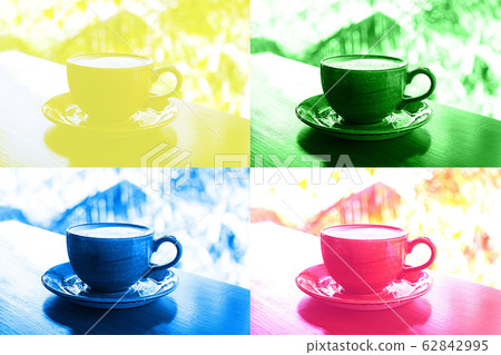 Colorful collage with cup of cup of coffee on tropical palm background. 62842995