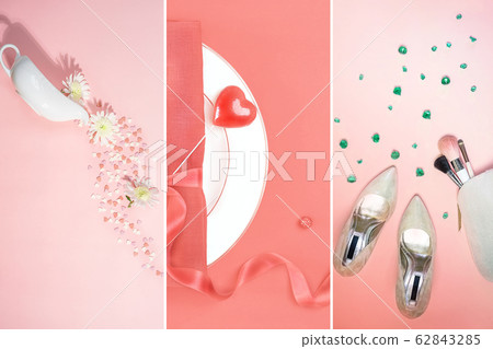 Valentines Day fashion layout with female accessories on classic red and white background. 62843285