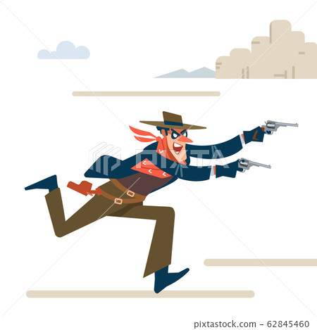 Wild west gunslinger. Cowboy robber runs attack and shouts. Gunfighter isolated on white background. Vector flat cartoon illustration 62845460