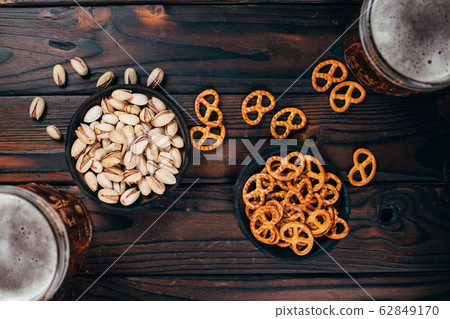assortment of snacks and light beer, flat lay assortment of snacks and light beer, flat lay 62849170