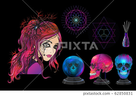 Young woman witch, fortune teller with magic ball, human skull, potion. Young woman witch, fortune teller with magic ball, human skull, potion. 62850831