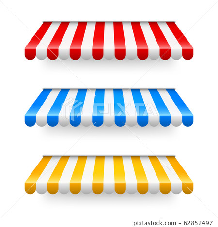 Shop sunshade. Realistic striped cafe awning. Outdoor market tent. Roof canopy. Summer street store Shop sunshade. Realistic striped cafe awning. Outdoor market tent. Roof canopy. Summer street store 62852497
