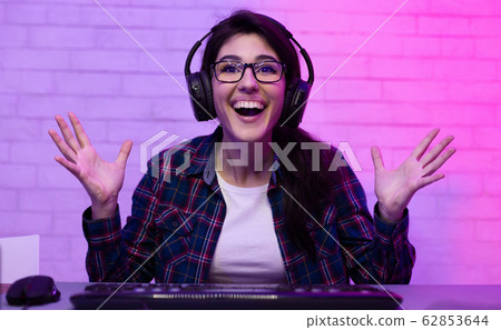 Joyful Girl Shouting Winning Computer Games Tournament Sitting At Home Joyful Girl Shouting Winning Computer Games Tournament Sitting At Home 62853644