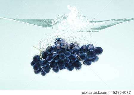 Splashing fruits. Juicy dark grapes falling into pure water on blue background Splashing fruits. Juicy dark grapes falling into pure water on blue background 62854077