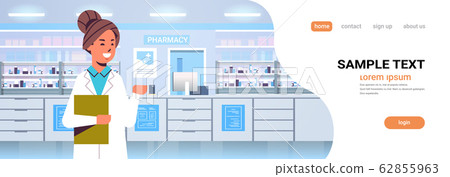 female doctor pharmacist with clipboard modern pharmacy drugstore interior medicine healthcare concept horizontal portrait copy space 62855963