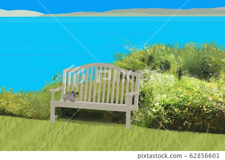 湖邊景觀與一隻貓的插圖 湖邊景觀與一隻貓的插圖 62856601