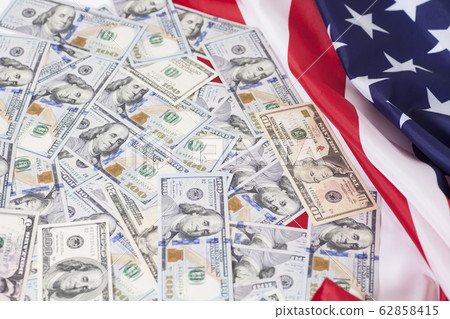 American dollars bills with flag background 62858415