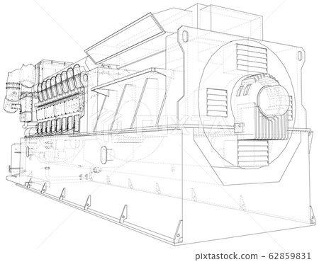 Gas-engine. Gas engine is an internal combustion engine which runs on a gas fuel. Wire-frame line isolated on white. Vector rendering of 3d 62859831