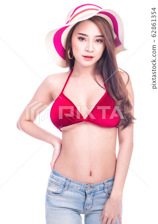 Cute asian woman in red bikini, summer hat and Cute asian woman in red bikini, summer hat and 62861354