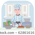 The young chef is intently starting to cook in the kitchen.  62861616