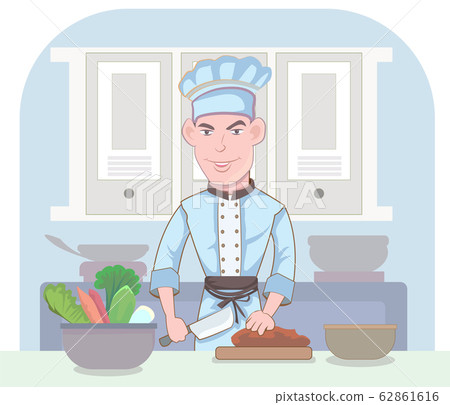 The young chef is intently starting to cook in the kitchen.  62861616