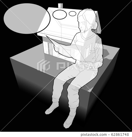 diagram of a simple detached house and woman with thought bubble diagram of a simple detached house and woman with thought bubble 62861748