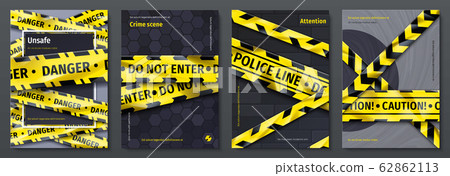Caution tape posters. Set of banners with yellow danger tape and warning signs for party flyers. Vector placards with safety ribbons design template Caution tape posters. Set of banners with yellow danger tape and warning signs for party flyers. Vector placards with safety ribbons design template 62862113