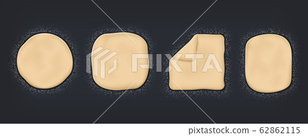 Realistic dough. Wheat flour and baking mass on table, top view of 3d dough for cooking. Vector bread or pizza baking poster for restaurant menu Realistic dough. Wheat flour and baking mass on table, top view of 3d dough for cooking. Vector bread or pizza baking poster for restaurant menu 62862115