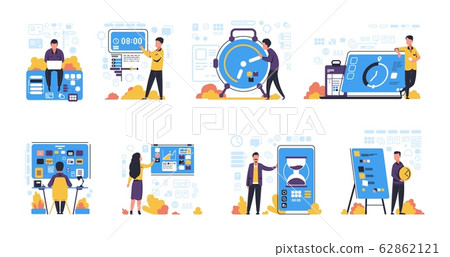 Time management. Organizing task and schedule planning, isolated concepts of productivity improvement and effective agenda. Vector set 62862121