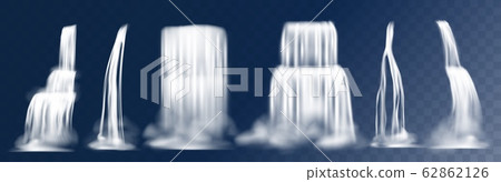 Cascade waterfall. Realistic 3D falling mountain streams with fog, water flow with splashes. Vector waterfalls isolated on transparent background 62862126