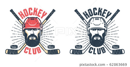 Hockey player with beard and crossed sticks - vintage sport emblem 62863669
