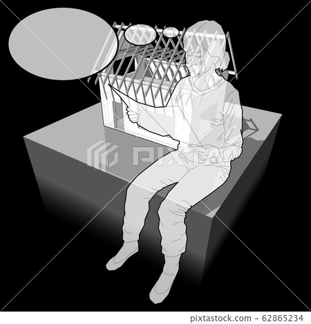 diagram of a simple detached house under construction and woman with thought bubble diagram of a simple detached house under construction and woman with thought bubble 62865234