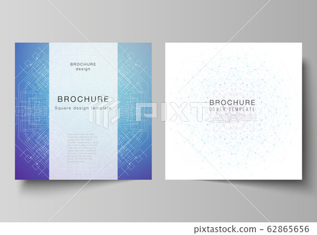 Minimal vector illustration layout of two square format covers design templates for brochure, flyer, magazine. Big Data Visualization, geometric communication background with connected lines and dots. 62865656