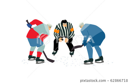 Two ice hockey players going for the puck. Referee holding a puck in face off position. Two ice hockey players going for the puck. Referee holding a puck in face off position. 62866718