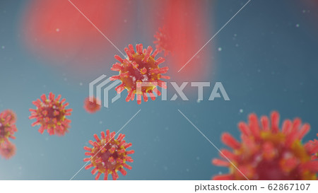 Outbreak of Chinese influenza - called a Coronavirus or 2019-nCoV, which has spread around the world. Danger of a pandemic, epidemic of humanity. Close-up virus under the microscope, 3d illustration 62867107