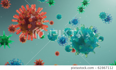 Outbreak of Chinese influenza - called a Coronavirus or 2019-nCoV, which has spread around the world. Danger of a pandemic, epidemic of humanity. Close-up virus under the microscope, 3d illustration 62867112