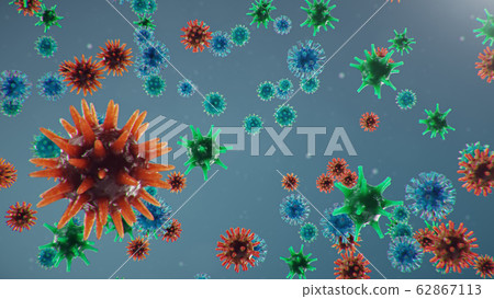 Chinese pathogen called Coronavirus or Covid-19, as a type of flu. Outbreak of coronavirus, which leads to death. Concept of a pandemic that infects the lungs, i.e. atypical pneumonia, 3D illustration 62867113
