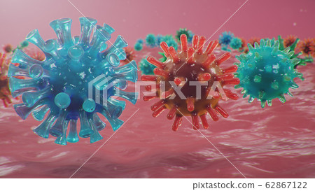 3D illustration Coronavirus concept under the microscope. Spread of the virus within the human. Epidemic, pandemic affecting the respiratory tract. Fatal viral infection 3D illustration Coronavirus concept under the microscope. Spread of the virus within the human. Epidemic, pandemic affecting the respiratory tract. Fatal viral infection 62867122
