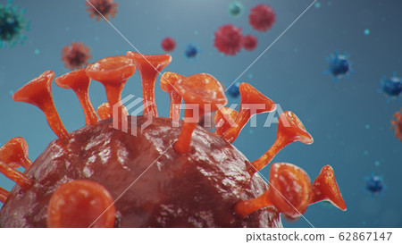 Outbreak of Chinese influenza - called a Coronavirus or 2019-nCoV, which has spread around the world. Danger of a pandemic, epidemic of humanity. Close-up virus under the microscope, 3d illustration Outbreak of Chinese influenza - called a Coronavirus or 2019-nCoV, which has spread around the world. Danger of a pandemic, epidemic of humanity. Close-up virus under the microscope, 3d illustration 62867147