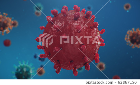 3D illustration Coronavirus concept under the microscope. Spread of the virus within the human. Epidemic, pandemic affecting the respiratory tract. Fatal viral infection 62867150