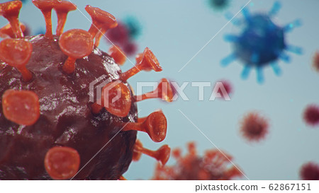 Coronavirus outbreak. Pathogen affecting the respiratory tract. COVID-19 infection. Concept of a pandemic, viral infection. Coronavirus inside a human. Viral infection, 3D illustration 62867151