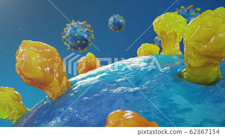 Outbreak of coronavirus, flu virus and 2019-nCov. Concept of a pandemic, epidemic for human cells. COVID-19 under the microscope, pathogen affecting the respiratory system, 3d illustration Outbreak of coronavirus, flu virus and 2019-nCov. Concept of a pandemic, epidemic for human cells. COVID-19 under the microscope, pathogen affecting the respiratory system, 3d illustration 62867154