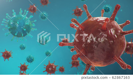 Chinese pathogen called Coronavirus or Covid-19, as a type of flu. Outbreak of coronavirus, which leads to death. Concept of a pandemic that infects the lungs, i.e. atypical pneumonia, 3D illustration 62867163