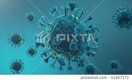 Outbreak of Chinese influenza - called a Coronavirus or 2019-nCoV, which has spread around the world. Danger of a pandemic, epidemic of humanity. Close-up virus under the microscope, 3d illustration Outbreak of Chinese influenza - called a Coronavirus or 2019-nCoV, which has spread around the world. Danger of a pandemic, epidemic of humanity. Close-up virus under the microscope, 3d illustration 62867172