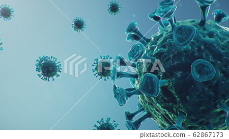 Chinese pathogen called Coronavirus or Covid-19, as a type of flu. Outbreak of coronavirus, which leads to death. Concept of a pandemic that infects the lungs, i.e. atypical pneumonia, 3D illustration Chinese pathogen called Coronavirus or Covid-19, as a type of flu. Outbreak of coronavirus, which leads to death. Concept of a pandemic that infects the lungs, i.e. atypical pneumonia, 3D illustration 62867173