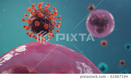 Outbreak of Chinese influenza - called a Coronavirus or 2019-nCoV, which has spread around the world. Danger of a pandemic, epidemic of humanity. Human cells, the virus infects cells, 3d illustration 62867194