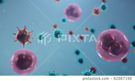 Coronavirus outbreak. Pathogen affecting the respiratory tract. COVID-19 infection. Concept of pandemic, viral infection. Coronavirus inside a human. Human cells, virus infects cells, 3D illustration 62867198