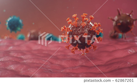 Chinese pathogen called Coronavirus or Covid-19, as a type of flu. Outbreak of coronavirus, which leads to death. Concept of a pandemic that infects the lungs, i.e. atypical pneumonia, 3D illustration Chinese pathogen called Coronavirus or Covid-19, as a type of flu. Outbreak of coronavirus, which leads to death. Concept of a pandemic that infects the lungs, i.e. atypical pneumonia, 3D illustration 62867201