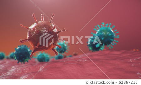 Coronavirus outbreak. Pathogen affecting the respiratory tract. COVID-19 infection. Concept of a pandemic, viral infection. Coronavirus inside a human. Viral infection. 3D illustration 62867213