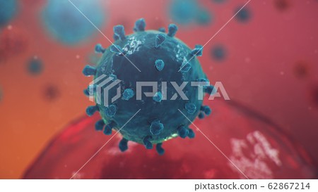 Outbreak of coronavirus, flu virus and 2019-nCov. Human cells, the virus infects cells. COVID-19 under the microscope, pathogen affecting the respiratory system. 3d illustration Outbreak of coronavirus, flu virus and 2019-nCov. Human cells, the virus infects cells. COVID-19 under the microscope, pathogen affecting the respiratory system. 3d illustration 62867214