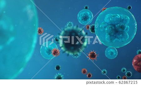 3D illustration Coronavirus concept under the microscope. Human cells, the virus infects cells. Epidemic, pandemic affecting the respiratory tract. Fatal viral infection. 62867215
