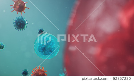 3D illustration Coronavirus concept under the microscope. Human cells, the virus infects cells. Epidemic, pandemic affecting the respiratory tract. Fatal viral infection. 62867220