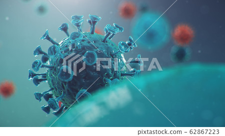 Outbreak of Chinese influenza - called a Coronavirus or 2019-nCoV, which has spread around the world. Danger of a pandemic, epidemic of humanity. Human cells, the virus infects cells. 3d illustration 62867223