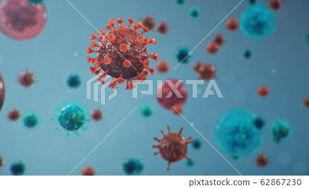 Outbreak of Chinese influenza - called a Coronavirus or 2019-nCoV, which has spread around the world. Danger of a pandemic, epidemic of humanity. Human cells, the virus infects cells. 3d illustration 62867230