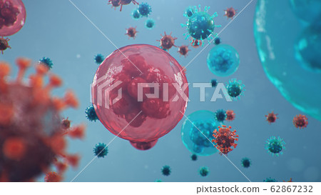 Outbreak of coronavirus, flu virus and 2019-nCov. Human cells, the virus infects cells. COVID-19 under the microscope, pathogen affecting the respiratory system. 3d illustration Outbreak of coronavirus, flu virus and 2019-nCov. Human cells, the virus infects cells. COVID-19 under the microscope, pathogen affecting the respiratory system. 3d illustration 62867232