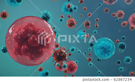 Coronavirus outbreak. Pathogen affecting the respiratory tract. COVID-19 infection. Concept of pandemic, viral infection. Coronavirus inside a human. Human cells, virus infects cells. 3D illustration 62867234