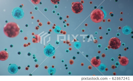 Coronavirus outbreak. Pathogen affecting the respiratory tract. COVID-19 infection. Concept of pandemic, viral infection. Coronavirus inside a human. Human cells, virus infects cells. 3D illustration Coronavirus outbreak. Pathogen affecting the respiratory tract. COVID-19 infection. Concept of pandemic, viral infection. Coronavirus inside a human. Human cells, virus infects cells. 3D illustration 62867241