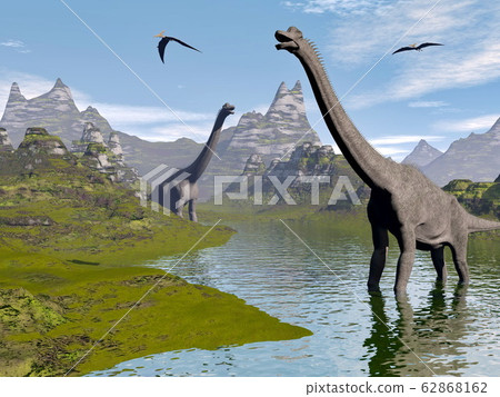 Brachiosaurus dinosaurs in water - 3D render 62868162