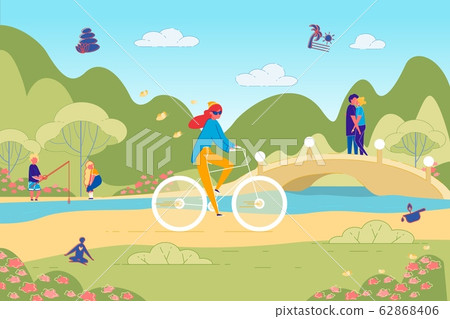 Spending Free Time on Bike Ride in Flowering Park. 62868406