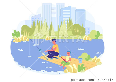 Brothers are Fishing in Beautiful Park with Pond. 62868517